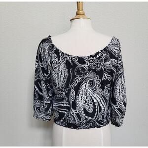 Sunny Leigh Blouse Womens M Medium Black White Paisley Smocked Off Shoulder